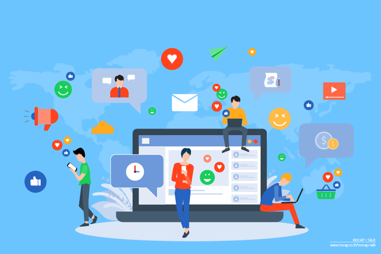 CX Omni-channel illustration showing people engaging on multiple digital platforms, surrounded by social media, chat, and analytics icons, with a global background to represent integrated customer experiences.