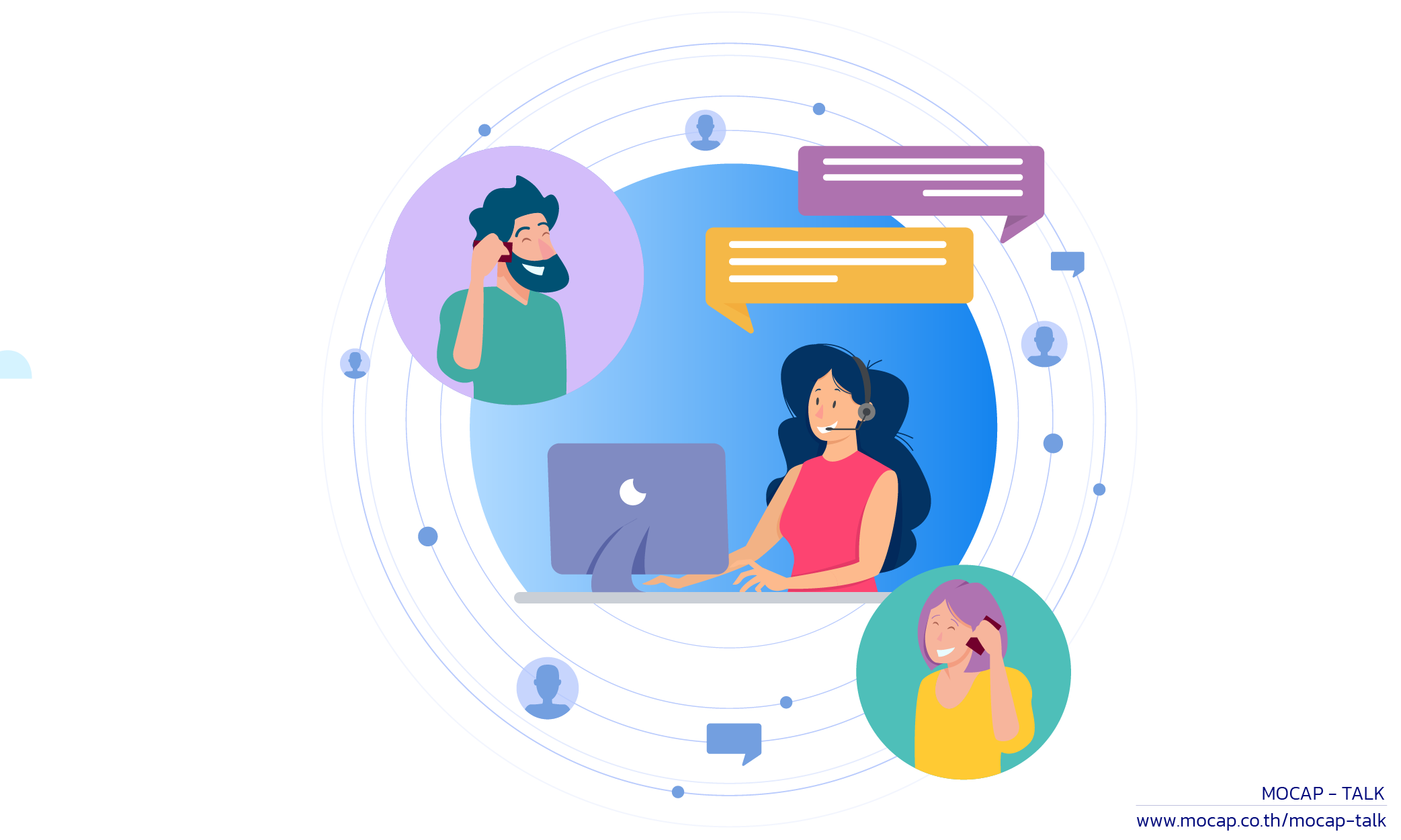 ภาพตัวแทน Contact Center ให้บริการลูกค้าผ่านคอมพิวเตอร์ พร้อมผู้ติดต่อหลายช่องทาง ทั้งโทรศัพท์และแชท แสดงการสื่อสารหลายช่องทางของงาน Call Center และ Customer Experience