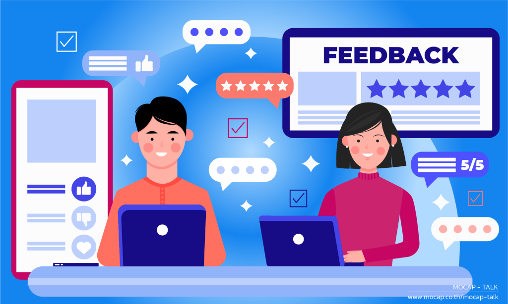 ภาพลูกค้าให้คะแนนความพึงพอใจและความคิดเห็นผ่านระบบออนไลน์ พร้อมรีวิว 5 ดาวและไอคอน Feedback สะท้อนการวัดผล Customer Experience และคุณภาพการบริการของธุรกิจ