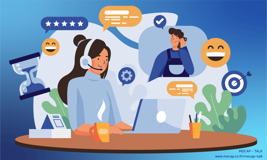 ภาพเจ้าหน้าที่ Call Center ให้บริการลูกค้าผ่านคอมพิวเตอร์ พร้อมไอคอนรีวิว 5 ดาว รอยยิ้ม นาฬิกาทราย และเป้าหมาย สื่อถึงการให้บริการที่รวดเร็ว มีประสิทธิภาพ และเพิ่ม Customer Experience
