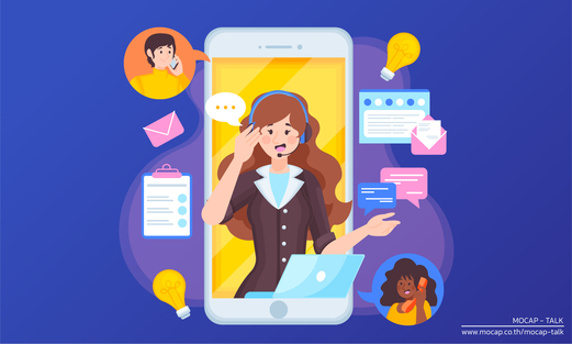 ภาพพนักงาน Contact Center ให้บริการลูกค้าผ่านระบบ Omni-channel บนสมาร์ตโฟน รองรับการสื่อสารหลายช่องทาง เพื่อยกระดับ Customer Experience
