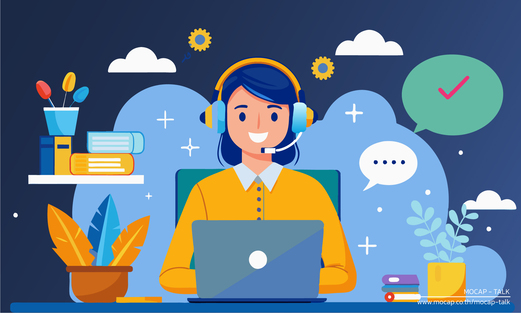 ภาพพนักงาน Contact Center สวมเฮดเซ็ต ทำงานหน้าคอมพิวเตอร์ แสดงการให้บริการลูกค้าอย่างเป็นระบบ เพื่อสร้าง Customer Experience ที่มีประสิทธิภาพ