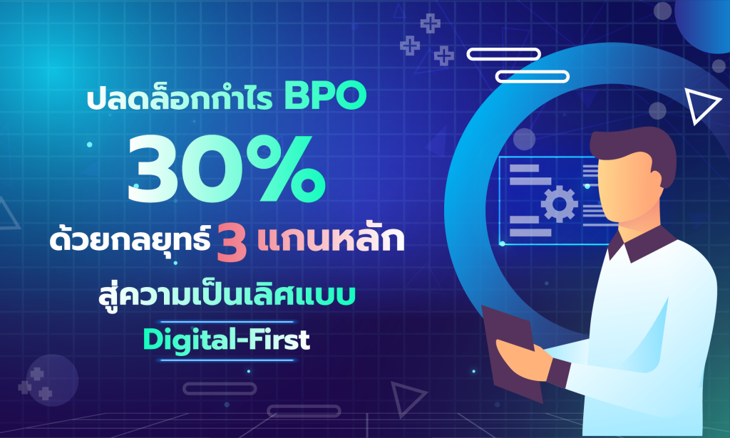 ภาพอินโฟกราฟิกแสดงแนวคิด Digital BPO ชูข้อความ “ปลดล็อกกำไร BPO 30% ด้วยกลยุทธ์ 3 แกนหลัก สู่ความเป็นเลิศแบบ Digital-First” พร้อมภาพบุคลากรใช้งานเทคโนโลยีดิจิทัล