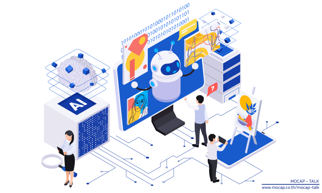 ภาพอินโฟกราฟิก AI และ Generative AI แสดงการทำงานของปัญญาประดิษฐ์ร่วมกับ Data Analytics และระบบเซิร์ฟเวอร์