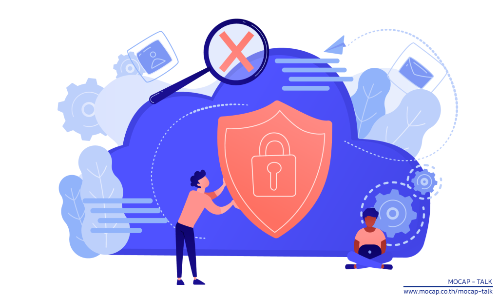 ภาพอินโฟกราฟิก Data Security และ Cybersecurity แสดงการปกป้องข้อมูลด้วยระบบล็อกและ Cloud Security