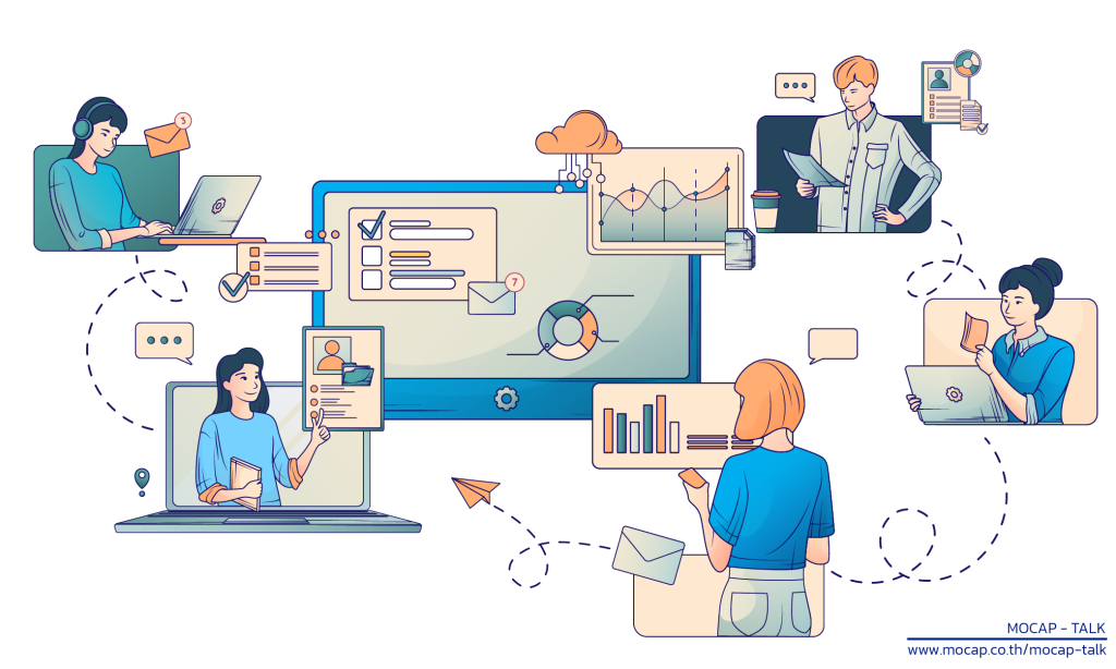 ภาพอินโฟกราฟิกแสดงการทำงานของทีม Outsource Call Center และ Contact Center ผ่านระบบ Cloud เปรียบเทียบกับ In-house Call Center