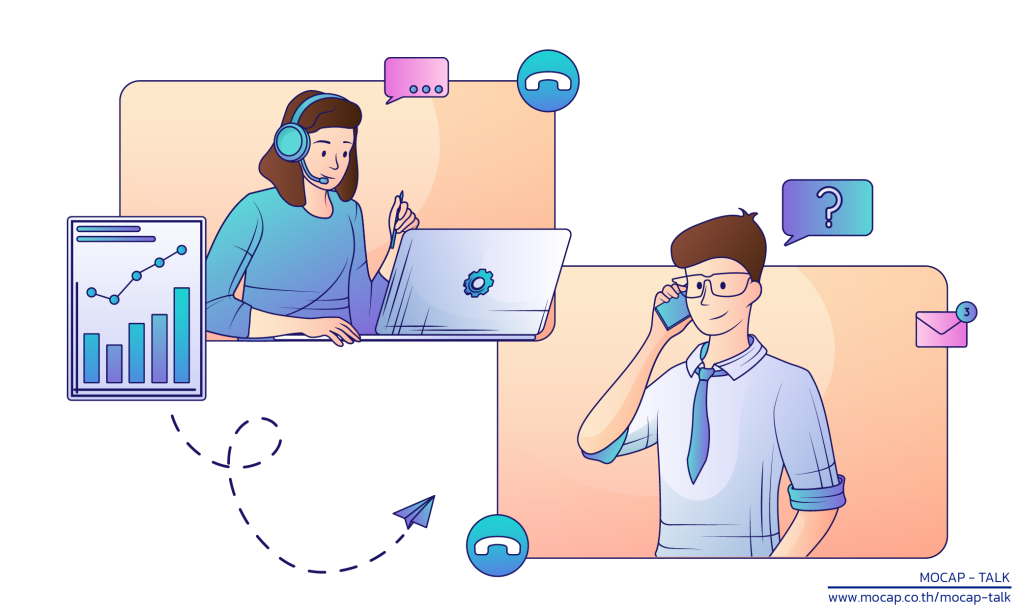 ภาพอินโฟกราฟิกแสดงการทำงานของทีม Outsource Call Center และ In-house Call Center ผ่านระบบ Cloud Contact Center และการวิเคราะห์ข้อมูลลูกค้า