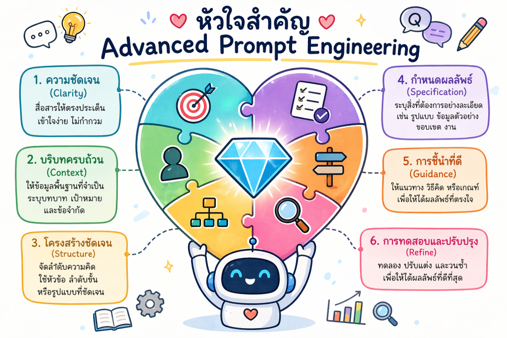 อินโฟกราฟิก "หัวใจสำคัญ Advanced Prompt Engineering" แสดง 6 องค์ประกอบหลัก: ความชัดเจน (Clarity), บริบทครบถ้วน (Context), โครงสร้างชัดเจน (Structure), กำหนดผลลัพธ์ (Specification), การชี้นำที่ดี (Guidance) และ การทดสอบและปรับปรุง (Refine) โดยมีหุ่นยนต์ AI และรูปหัวใจจิ๊กซอว์ประกอบ