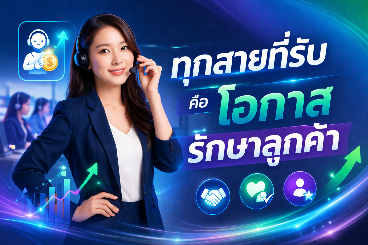 พนักงาน Call Center หญิงสวมชุดสูททางการและ Headset ยิ้มแย้มอย่างมั่นใจ พร้อมข้อความภาษาไทยว่า "ทุกสายที่รับ คือ โอกาสรักษาลูกค้า" ในบรรยากาศสำนักงานที่ล้ำสมัย มีกราฟแสดงการเติบโต สัญลักษณ์ผลกำไร และไอคอนการสร้างความสัมพันธ์กับลูกค้า