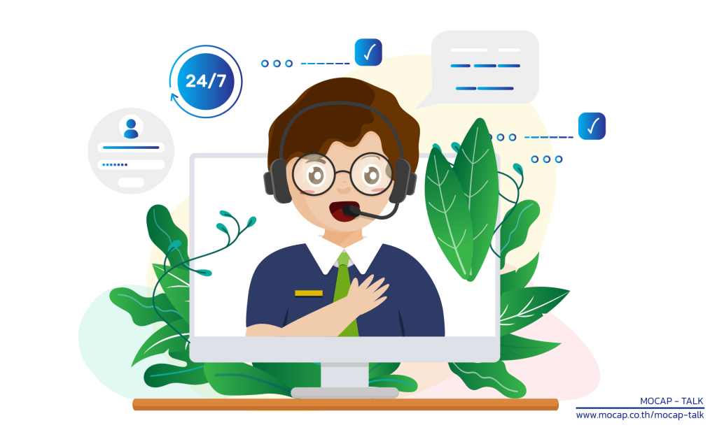 ภาพกราฟิกพนักงาน Call Center สวมชุดหูฟังผ่านหน้าจอคอมพิวเตอร์ สื่อถึงบริการ Net Zero Contact Center ที่เน้นความยั่งยืนด้วยระบบ Cloud และการทำงานแบบ 24/7 เพื่อสนับสนุนกลยุทธ์ ESG ขององค์กร