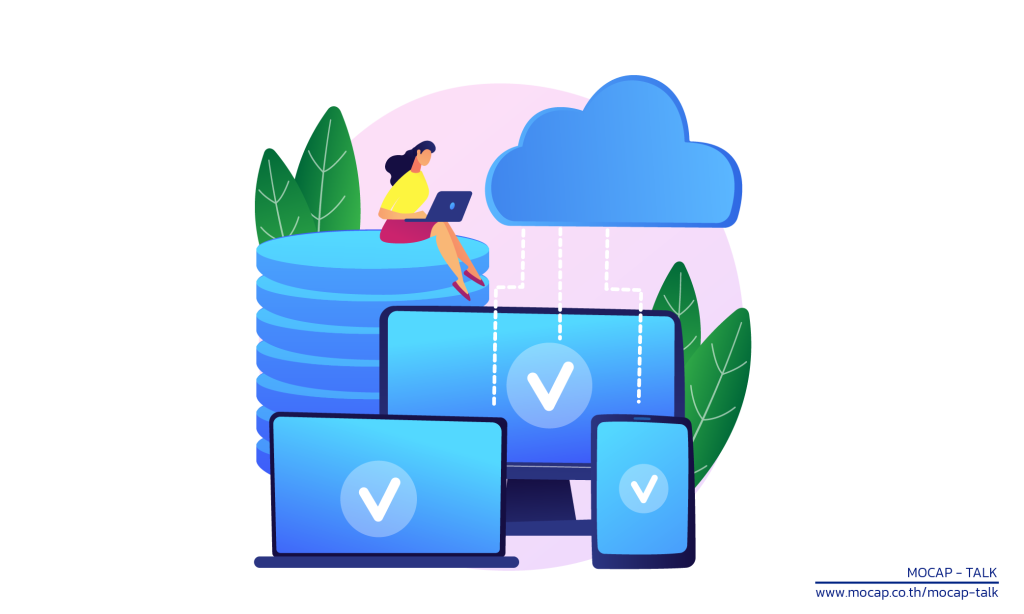 ภาพประกอบแสดงการทำงานบนระบบ Cloud และฐานข้อมูล Data Center ผ่านอุปกรณ์ต่างๆ เพื่อลดการใช้พลังงานในรูปแบบ Net Zero Contact Center ตามมาตรฐาน ESG