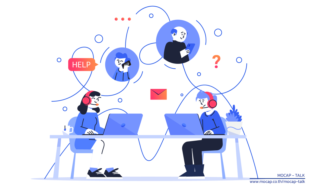 ภาพกราฟิกเปรียบเทียบความแตกต่างระหว่าง Call Center ที่ทำงานไม่มีประสิทธิภาพ (รอสายยาว, สายหลุด, ไม่มีข้อมูล) กับ Call Center ที่ทำงานได้ดี (น่าเชื่อถือ, แก้ปัญหาได้จริง, พร้อมรับฟัง) เพื่อสะท้อนถึงประสบการณ์ของผู้ใช้บริการ