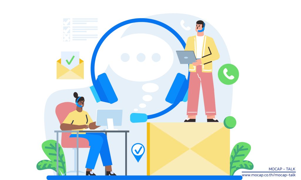 ภาพกราฟิกพนักงาน Contact Center สวมชุดหูฟังเฮดเซตกำลังให้บริการลูกค้าผ่านคอมพิวเตอร์และแล็ปท็อป ท่ามกลางไอคอนระบบ Omnichannel เช่น อีเมล โทรศัพท์ และแชต สื่อถึงระบบ Contact Center ที่สเกลได้เพื่อรองรับการเติบโตของธุรกิจ