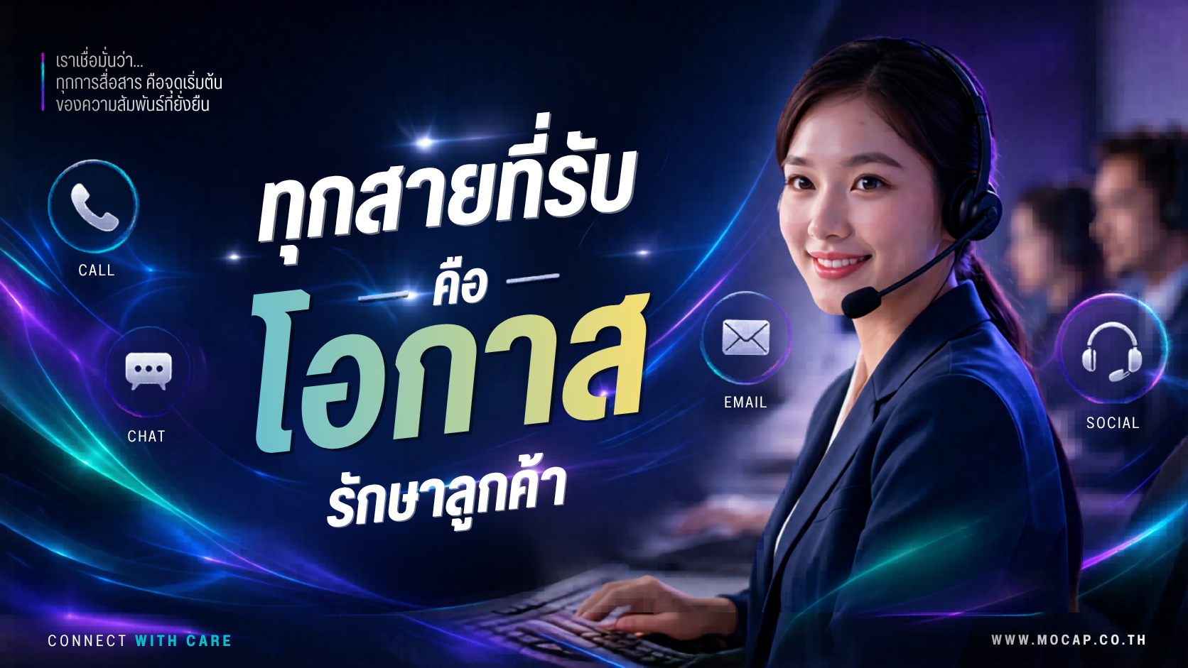พนักงาน Call Center สวมชุดสูทและหูฟัง พร้อมไอคอนช่องทางติดต่อ Call, Chat, Email, Social และข้อความ "ทุกสายที่รับคือโอกาสรักษาลูกค้า" บนพื้นหลังสีน้ำเงินแนวล้ำสมัย