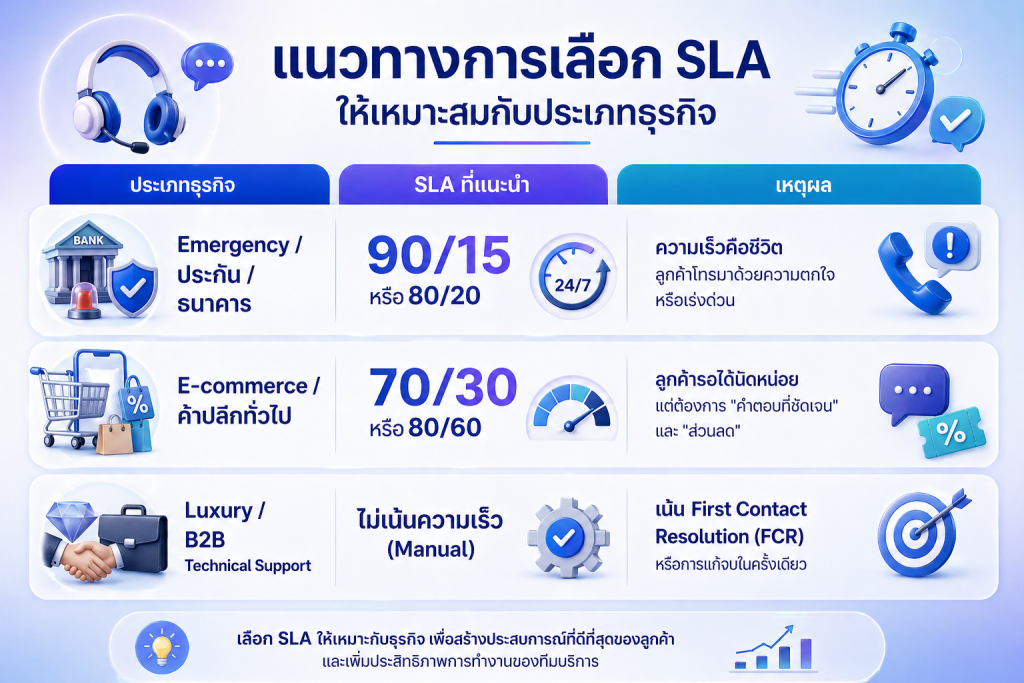 ตารางเปรียบเทียบแนวทางการเลือก SLA ตามประเภทธุรกิจ เช่น ธนาคาร (90/15), E-commerce (70/30), และ Technical Support ที่เน้นค่า FCR