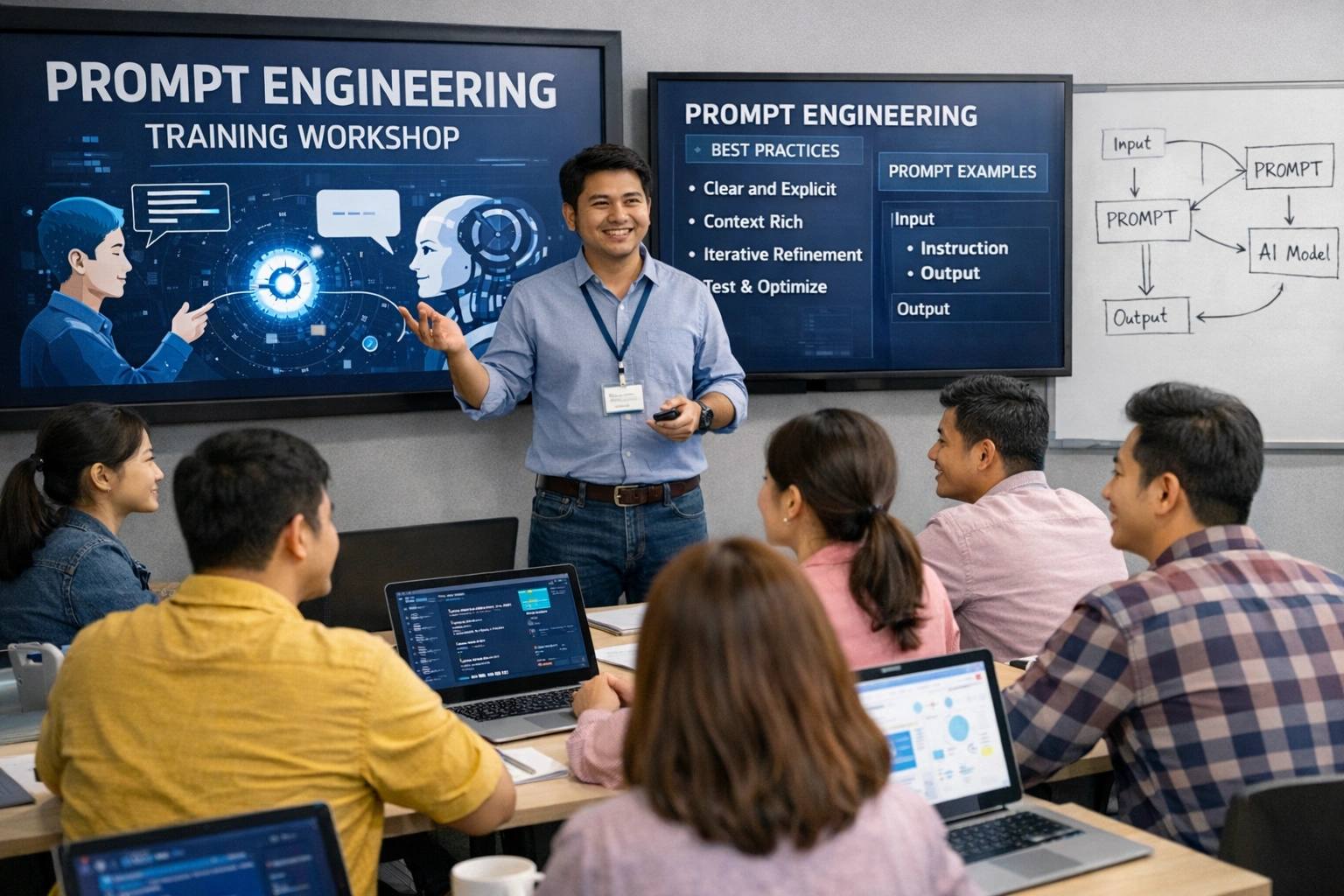 วิทยากรผู้ชายกำลังสอนในเวิร์กชอป Prompt Engineering ให้กับกลุ่มผู้เข้าอบรม โดยมีหน้าจอแสดงตัวอย่างและแนวทางปฏิบัติที่ดีที่สุดในการใช้งาน AI