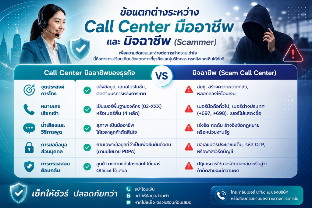 อินโฟกราฟิกตารางเปรียบเทียบข้อแตกต่างระหว่าง Call Center มืออาชีพของธุรกิจ และ มิจฉาชีพ (Scam Call Center) ใน 5 ด้านหลัก ได้แก่ จุดประสงค์การโทร หมายเลขเรียกเข้า น้ำเสียงและวิธีการพูด การขอข้อมูลส่วนบุคคล และการตรวจสอบย้อนกลับ