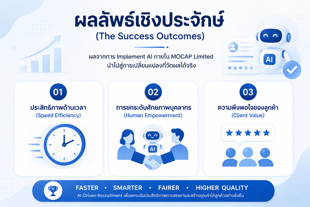 อินโฟกราฟิกแสดงผลลัพธ์เชิงประจักษ์จากการนำระบบ AI มาใช้ในกระบวนการสรรหาบุคลากรของ MOCAP Limited นำไปสู่การเปลี่ยนแปลงที่วัดผลได้จริง 3 ด้าน คือ ประสิทธิภาพด้านเวลา การยกระดับศักยภาพบุคลากร และความพึงพอใจของลูกค้า