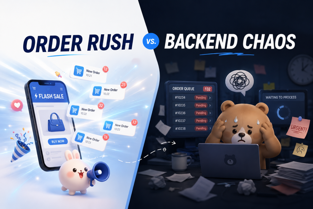 ภาพเปรียบเทียบ Order Rush จากแคมเปญ Flash Sale บนสมาร์ทโฟน กับ Backend Chaos ปัญหาระบบหลังบ้านที่คีย์ออเดอร์ไม่ทันจนเกิดคิวค้าง