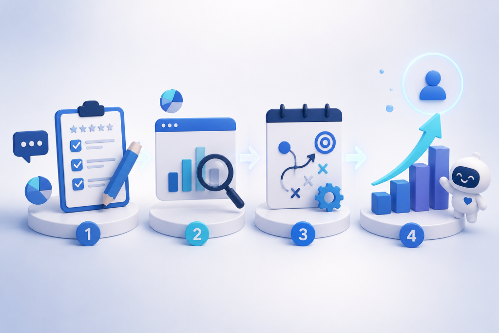 กราฟิก 3 มิติแสดง 4 ขั้นตอนการเปลี่ยนผลสำรวจ CSAT และ NPS ให้เป็นกลยุทธ์ลด Churn Rate เริ่มจาก Customer Journey, จัดกลุ่มความเสี่ยง, ดำเนินการง้อลูกค้า ไปจนถึงการวัดผล ROI