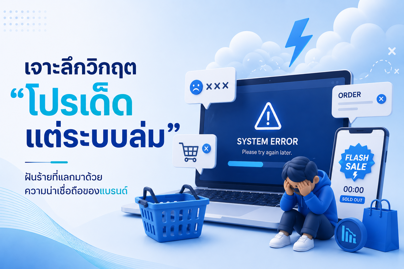 ภาพกราฟิก 3 มิติหัวข้อเจาะลึกวิกฤตโปรเด็ดแต่ระบบล่ม แสดงภาพคนนั่งกุมศีรษะหน้าแล็ปท็อปที่ขึ้นข้อความ System Error และสมาร์ทโฟนแคมเปญ Flash Sale สื่อถึงปัญหารับออเดอร์ไม่ทันช่วงจัดโปรโมชัน