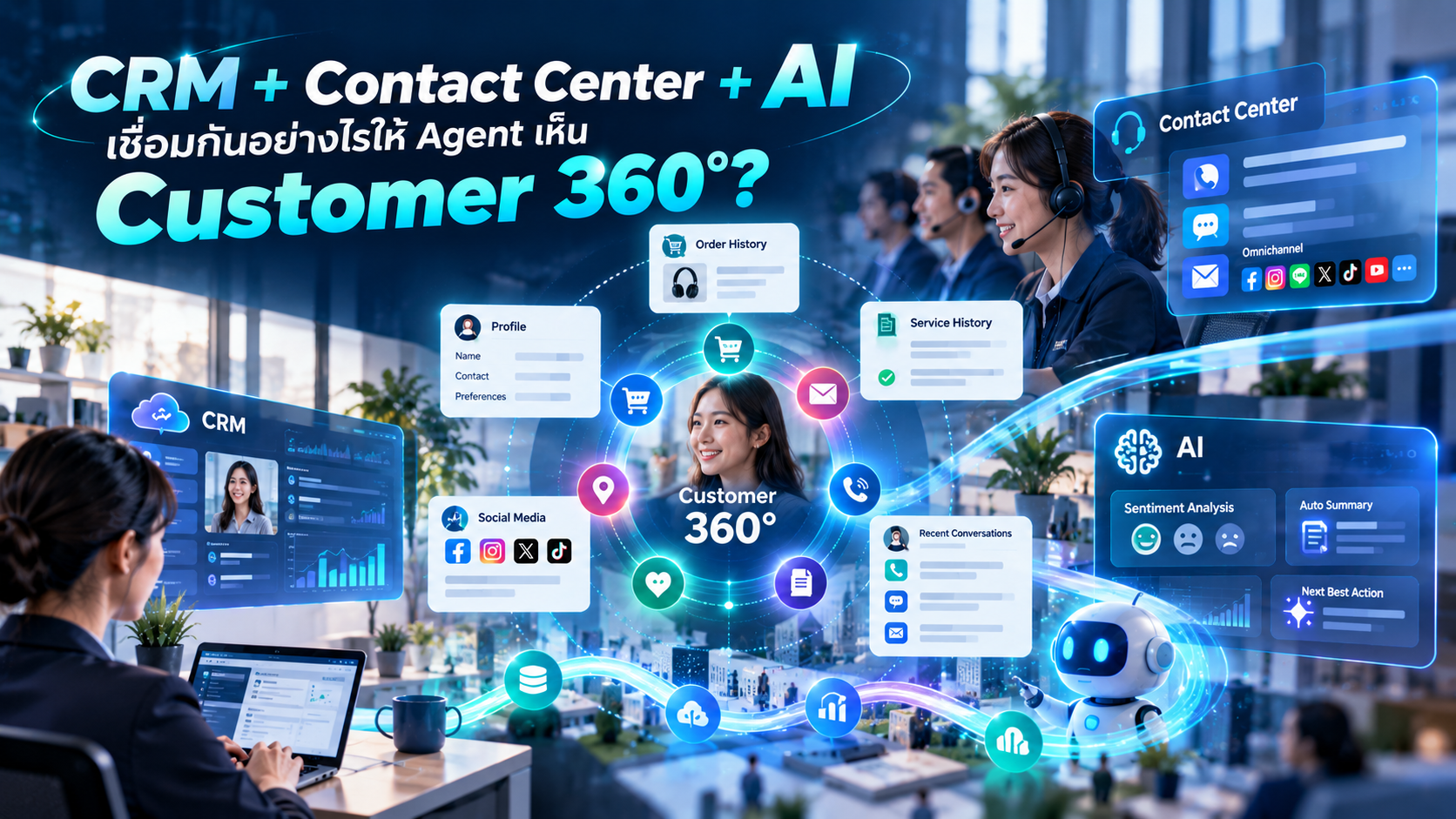 CRM + Contact Center + AI เชื่อมกันอย่างไรให้ Agent เห็น Customer 360°?