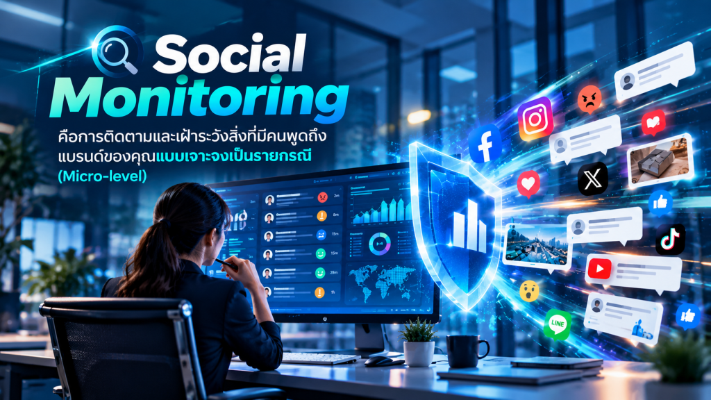 Social Monitoring คือการติดตามและเฝ้าระวังสิ่งที่มีคนพูดถึงแบรนด์ของคุณ แบบเจาะจงเป็นรายกรณี (Micro-level) เพื่อเข้าไปจัดการ ปฏิสัมพันธ์ หรือแก้ไขปัญหาได้อย่างทันท่วงที